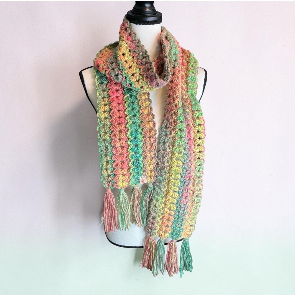 Handmade Atomic Aqua Crochet Scarf Women OS Multicolor Tassel Puff Stitch